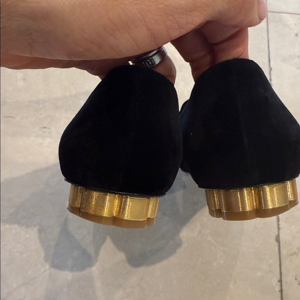 Salvatore Ferragamo Black Velvet Flats with Gold Detail - Picture 5 of 7